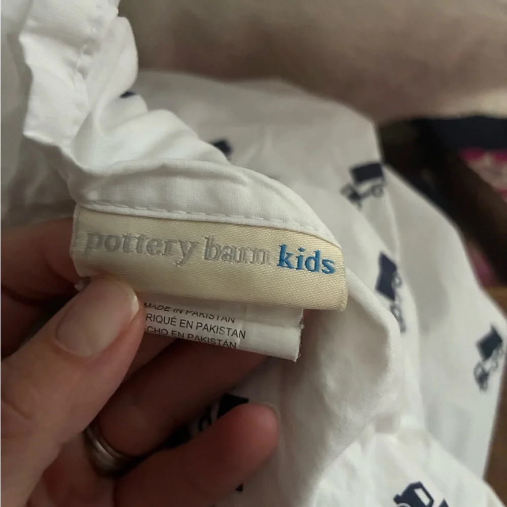 Pottery Barn Kids White Queen Sheet Set with Navy Car Motif